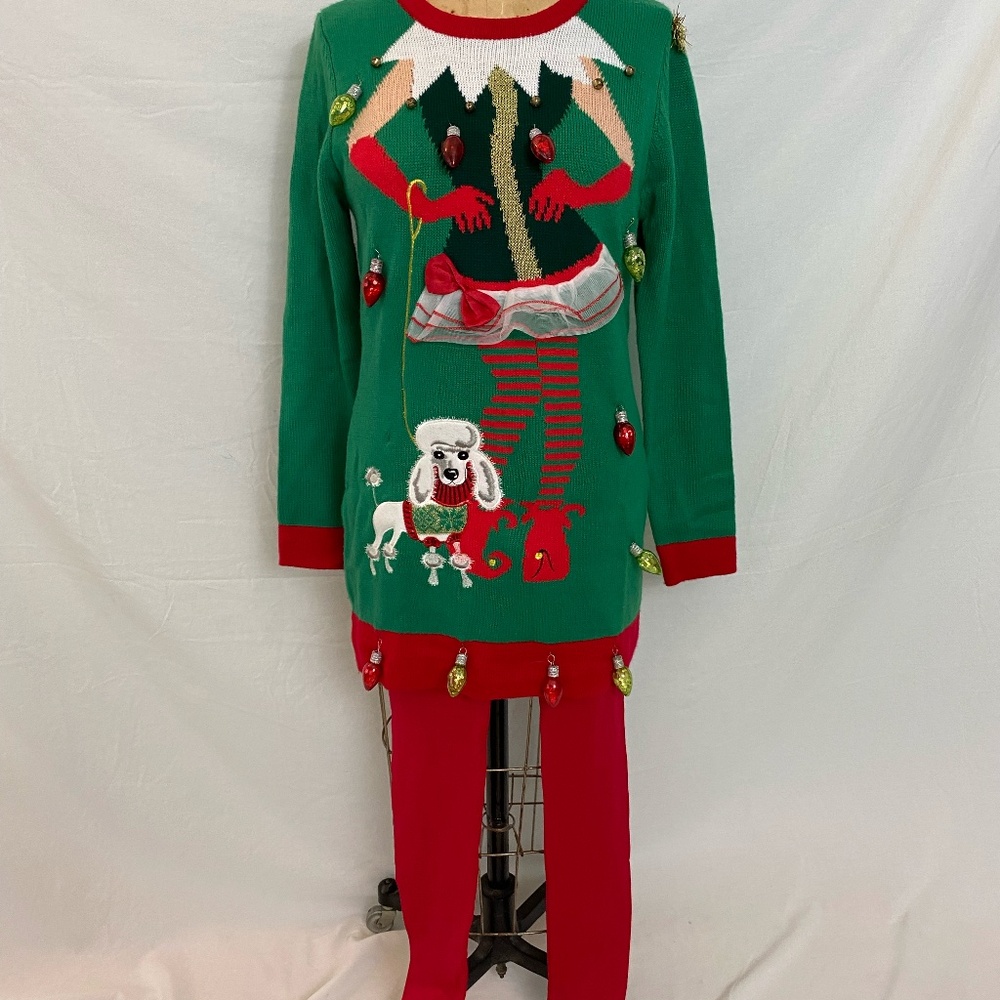 Green Holiday  Ugly Sweater with Girl Elf and Poodle.
